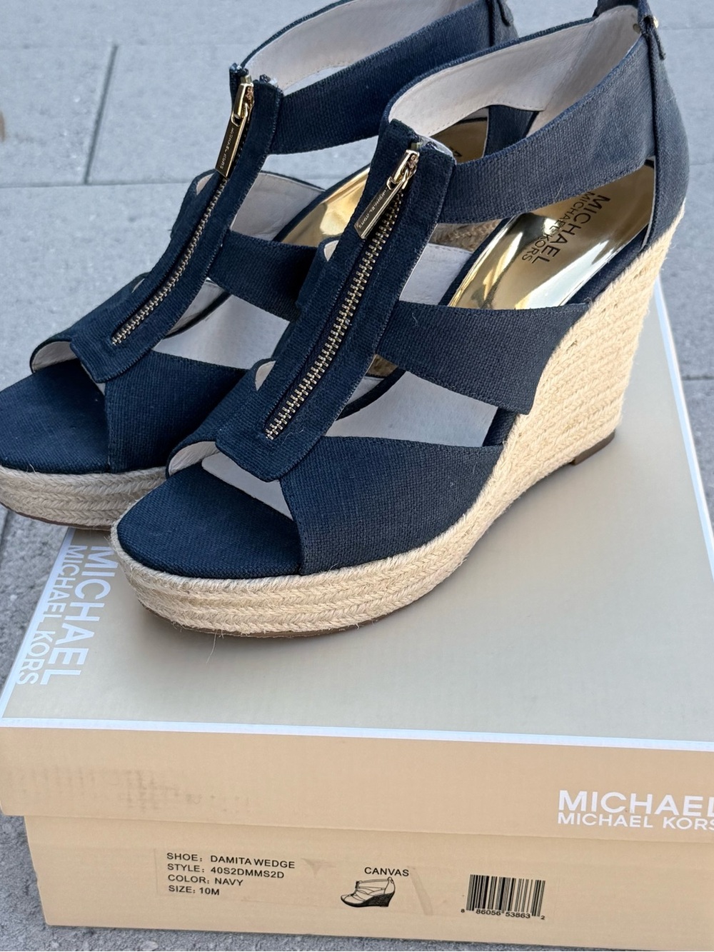 Michael Kors Navy Canvas Espadrille Wedge Sandals with Gold Zipper Detail